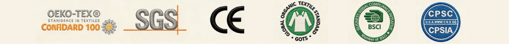 Embroidered global safety & ethical certification logos for kids' apparel, verified to meet Australian & New Zealand wholesale standards: OEKO-TEX Standard 100, SGS, GOTS, BSCI, CPSC